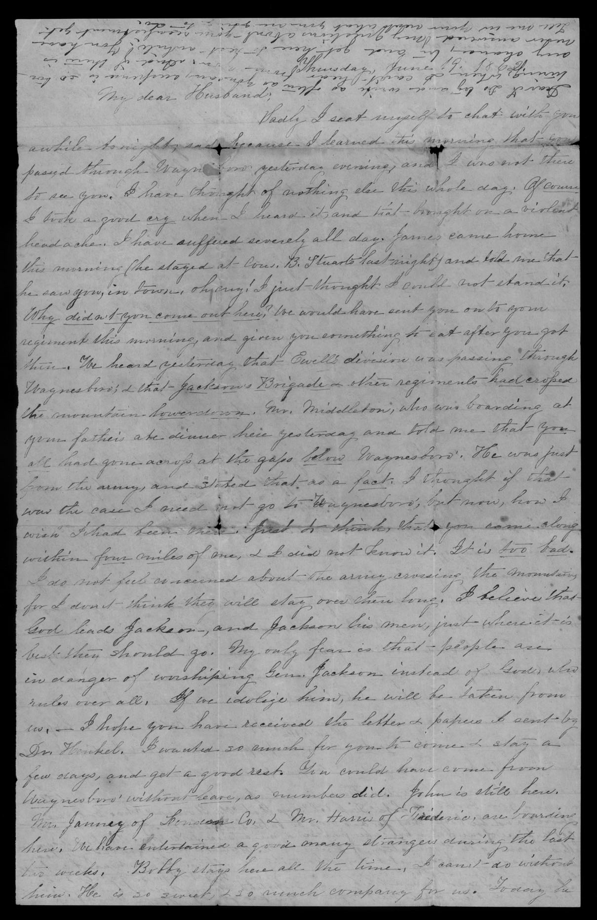 Letter, Martha White Read, Augusta County, Virginia, to Thomas Griffin Read