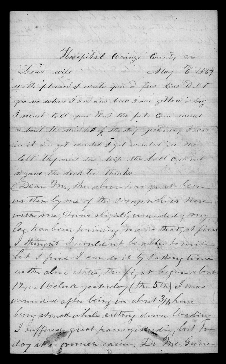 Letter, Thomas Griffin Read, Hospital, Orange County, Virginia, to Martha White Read