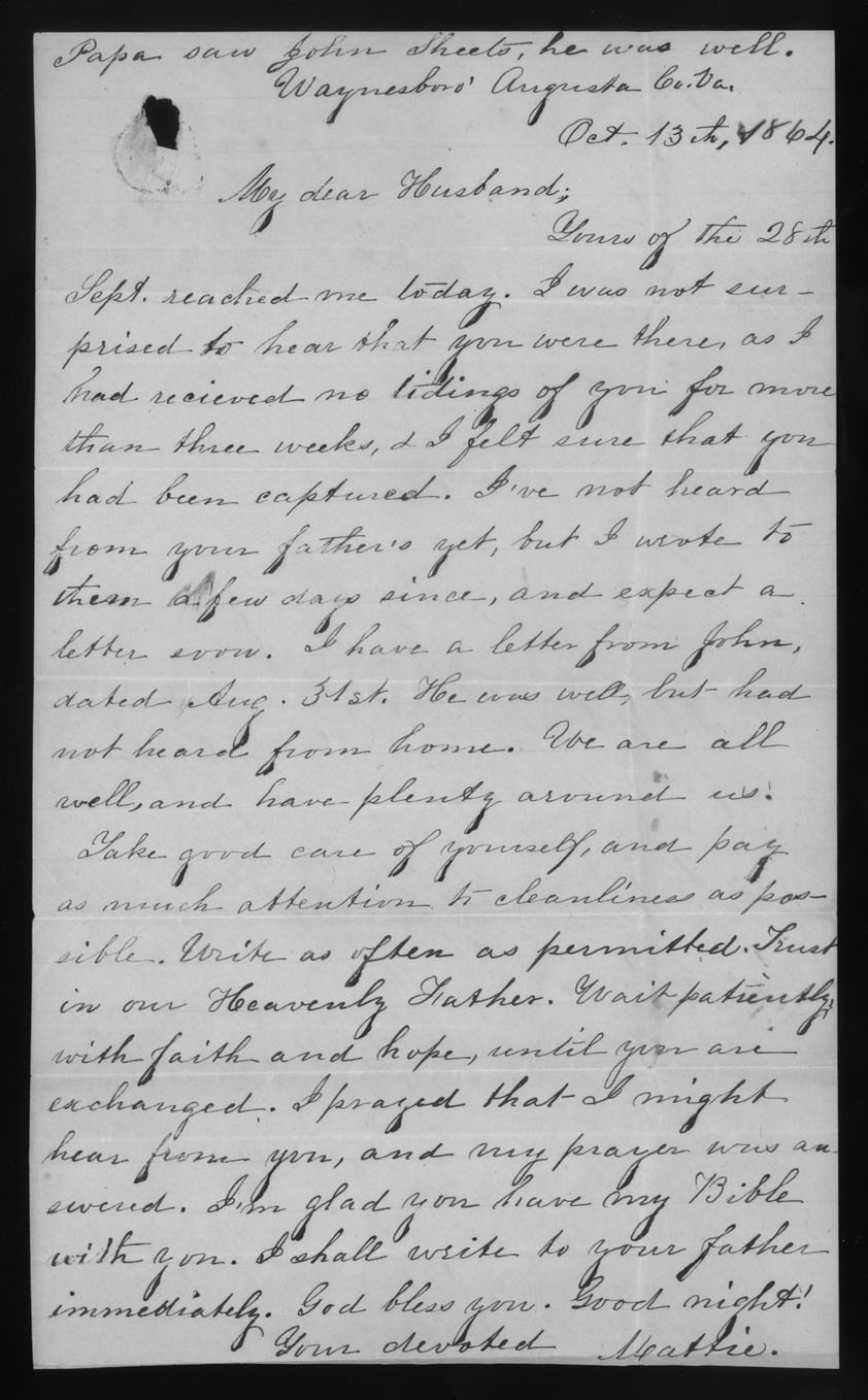 Letter, Martha White Read, Waynesboro, Augusta County, Virginia, to Thomas Griffin Read