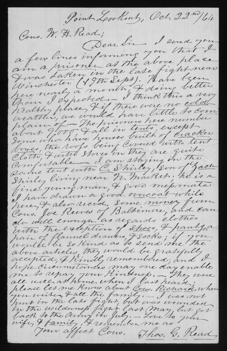 Letter, Thomas Griffin Read, Point Lookout, Maryland, to W.H. Read