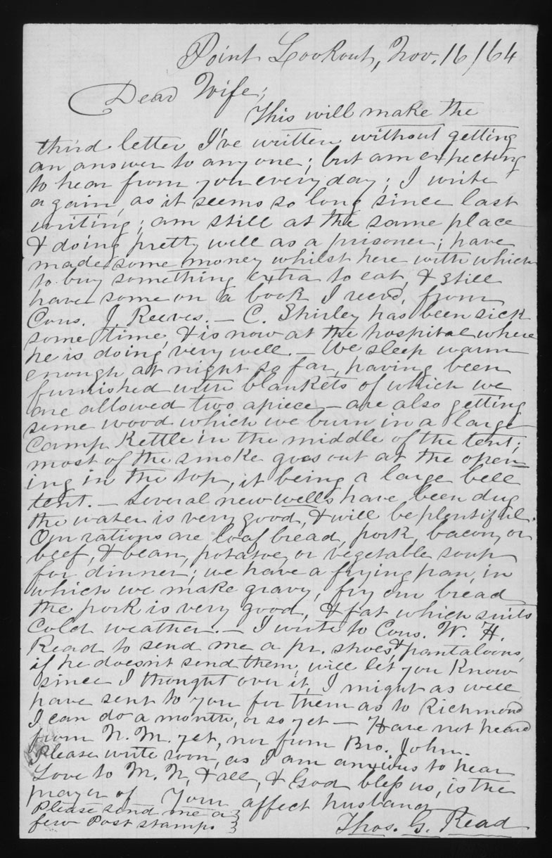 Letter, Thomas Griffin Read, Point Lookout, Maryland, to Martha White Read