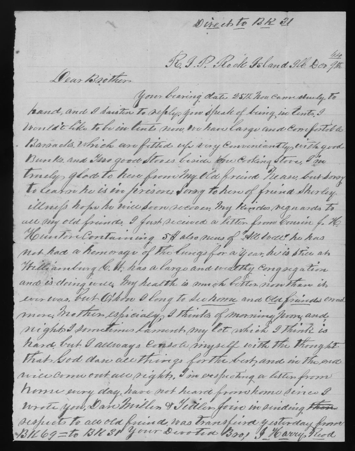 Letter, John Henry Read, Rock Island Prison, Rock Island, Illinois, to Thomas Griffin Read