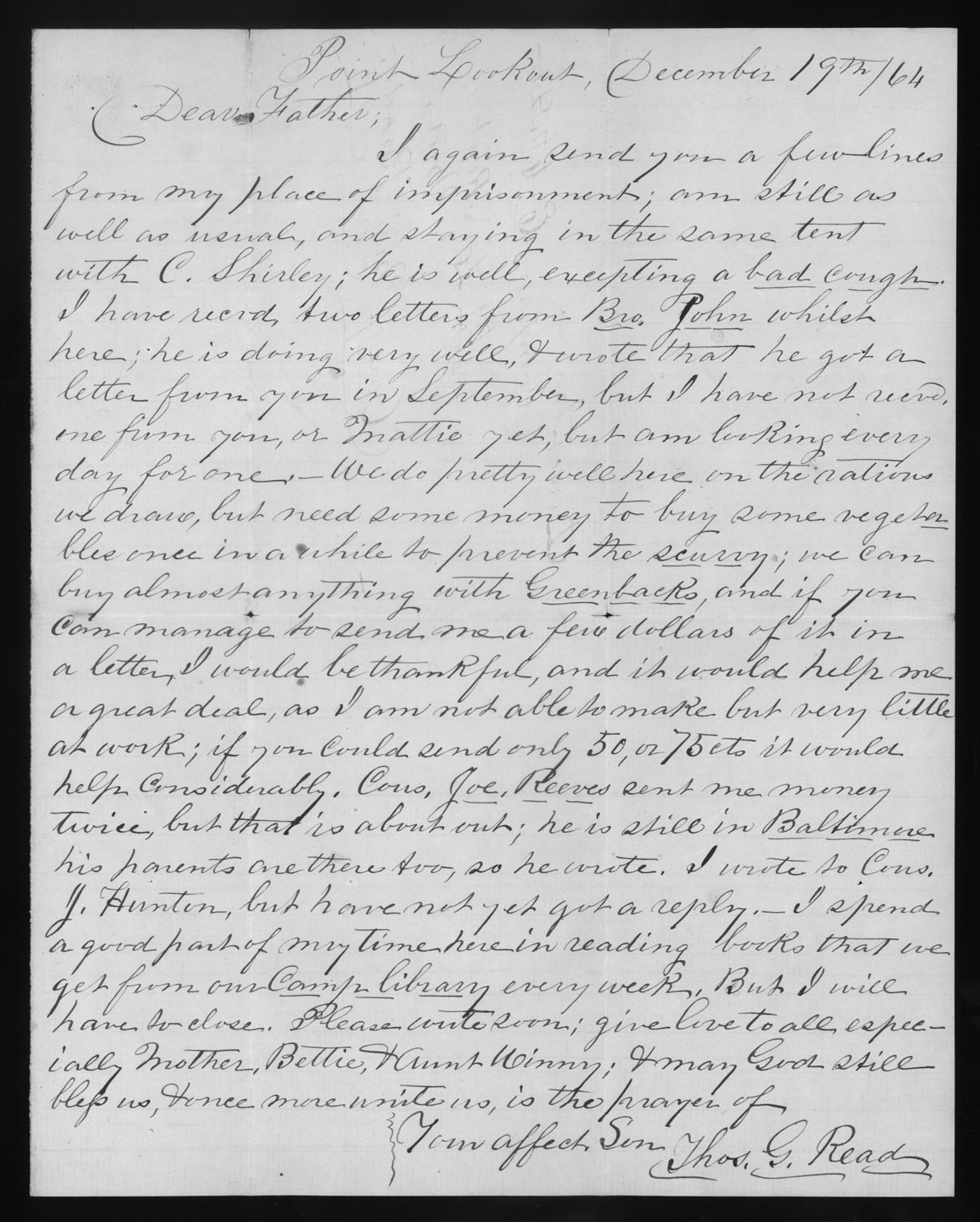 Letter, Thomas Griffin Read, Point Lookout, Maryland, to Thomas Read [Father]
