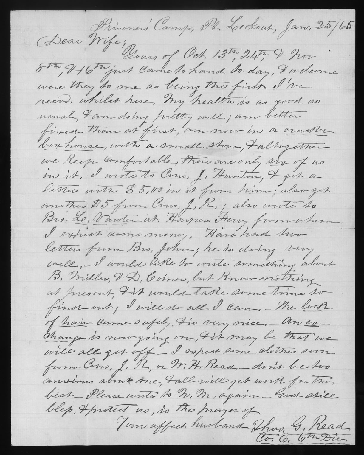 Letter, Thomas Griffin Read, Point Lookout, Maryland, to Martha White Read