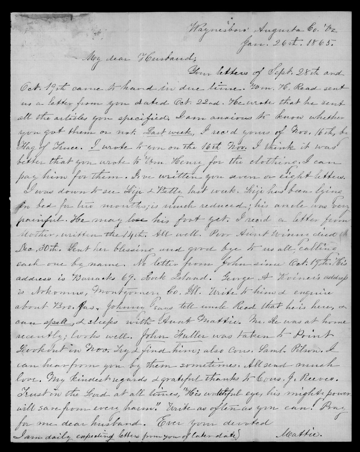Letter, Martha White Read, Waynesboro, Augusta County, Virginia, to Thomas Griffin Read