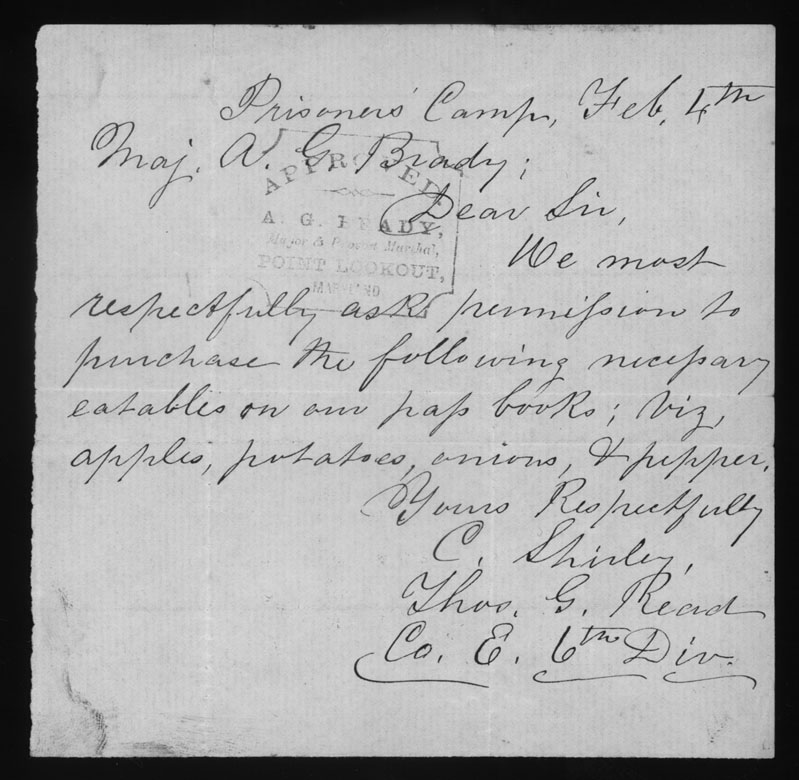 Letter, Thomas Griffin Read, Point Lookout, Maryland, to Major A.G. Brady