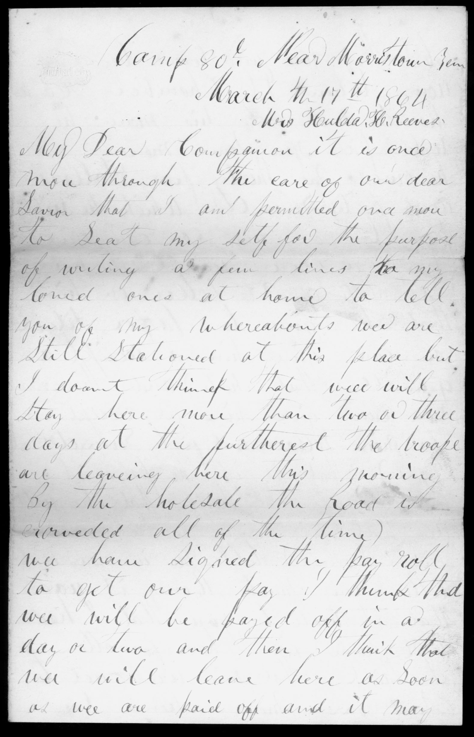 Letter, Samuel T. Reeves, Camp near Morristown, Tennessee, to Huldah Reeves