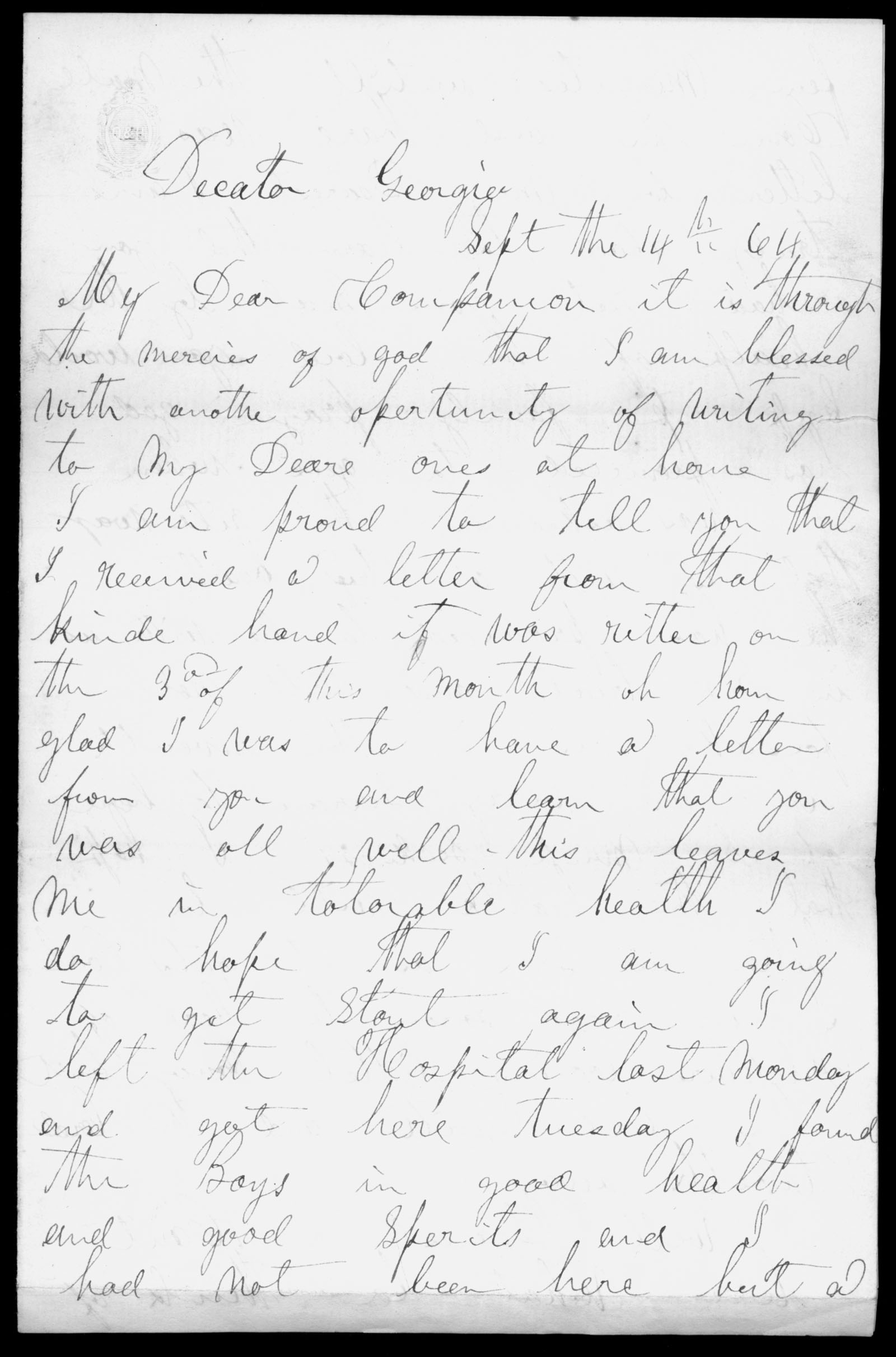 Letter, Samuel T. Reeves, Decatur, Georgia, to Huldah Reeves