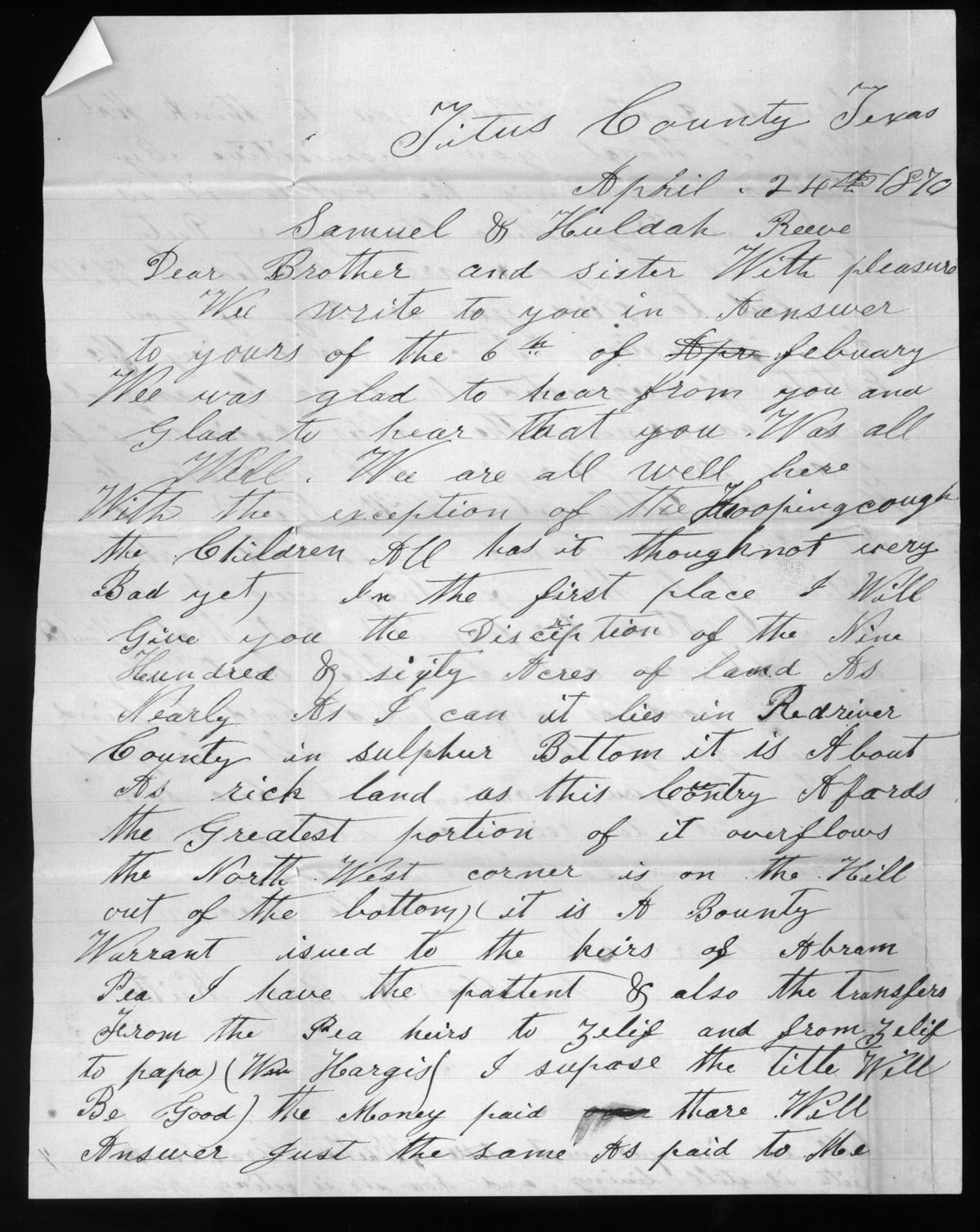 Letter, Jonathan and Mary Keith, Titus County, Texas, to Samuel and Huldah Reeves