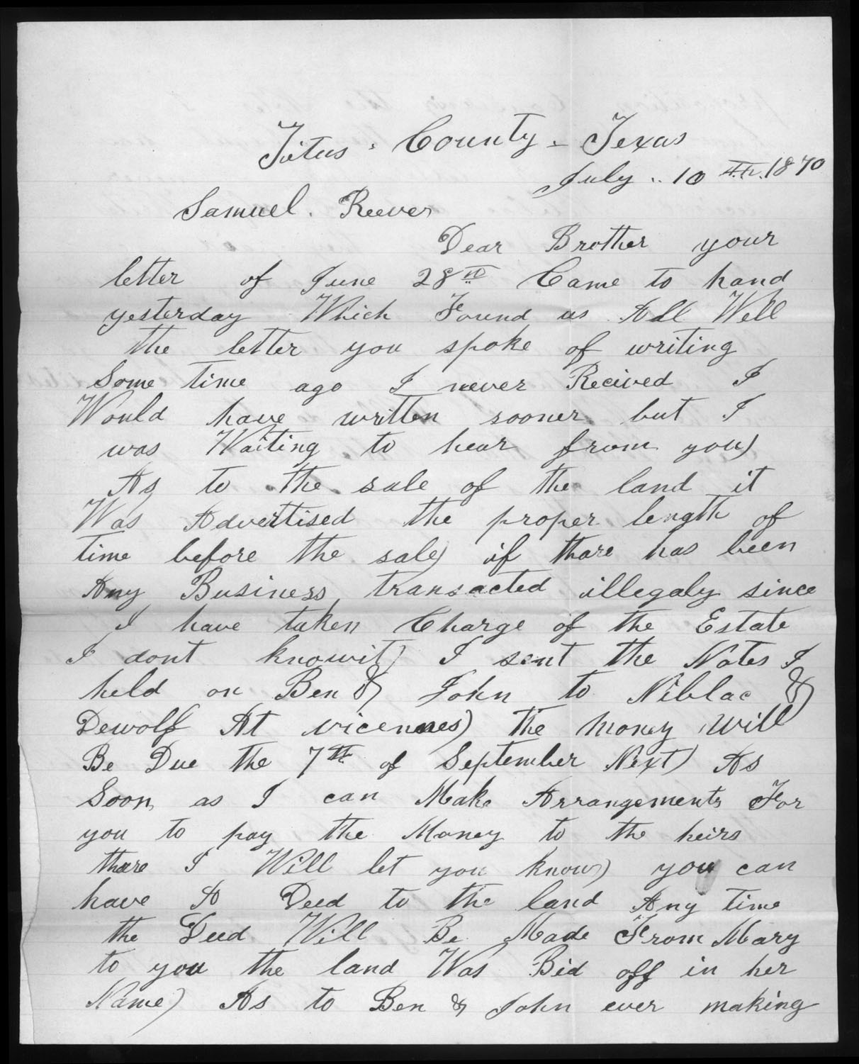 Letter, Jonathan and Mary Keith, Titus County, Texas, to Samuel and Huldah Reeves