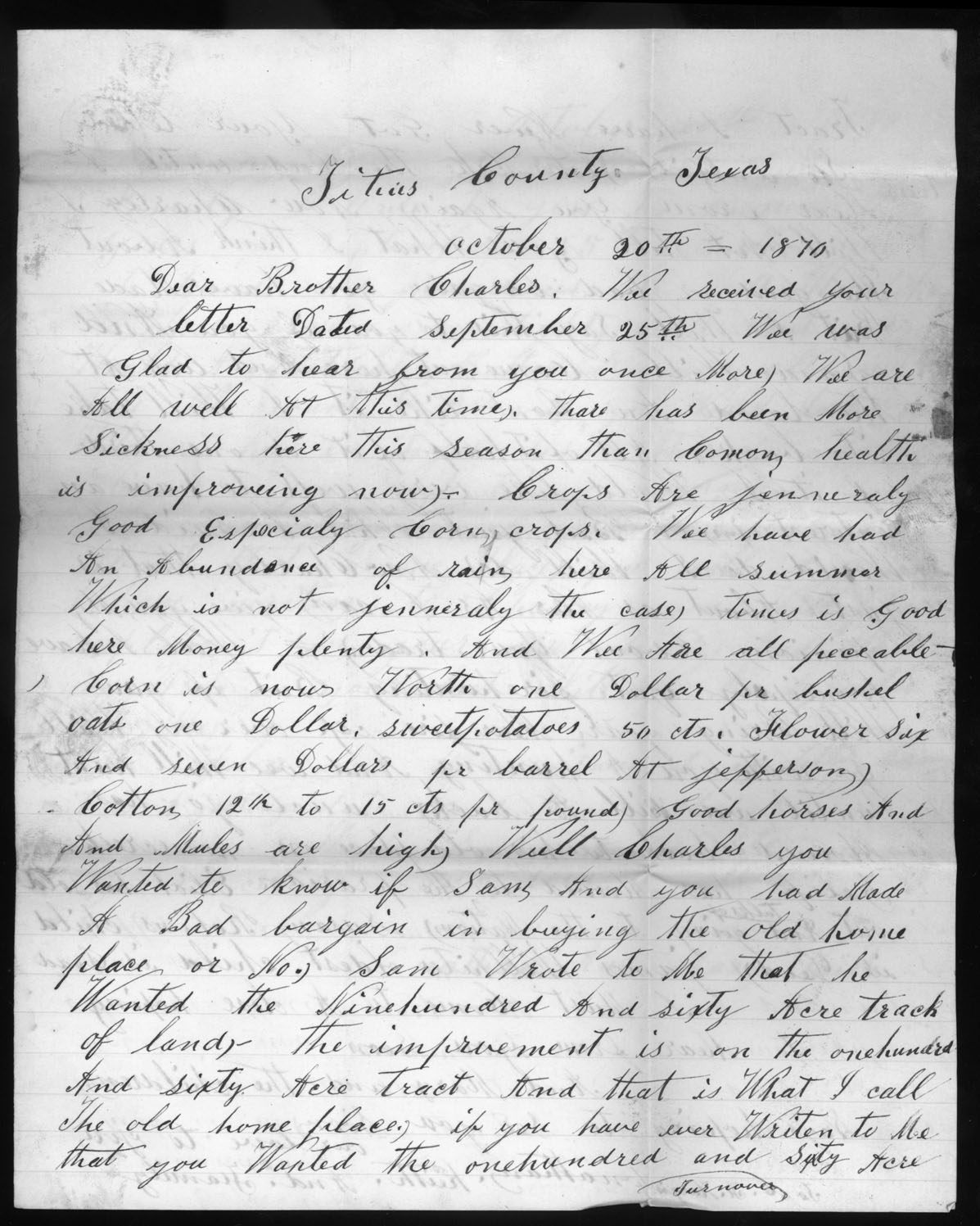 Letter, Jonathan and Mary Keith, Titus County, Texas, to Charles H. Hargis and Samuel Reeves