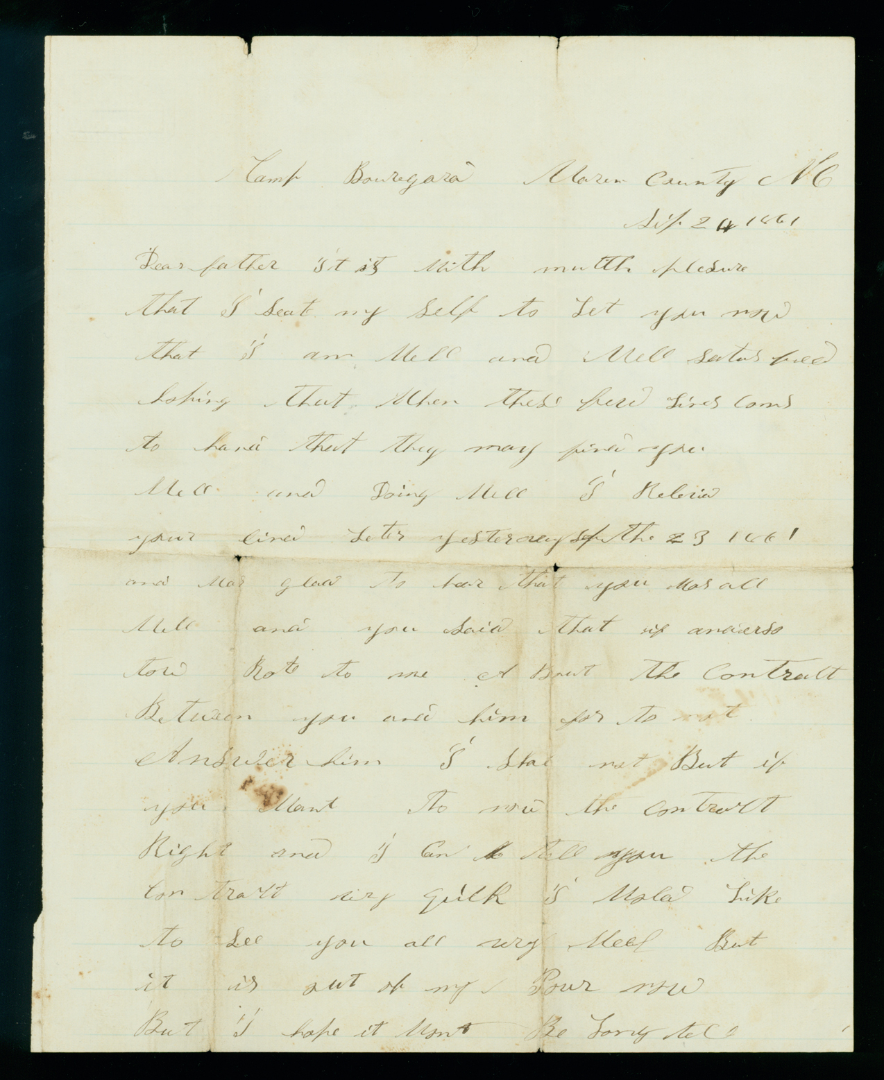 Letter, Jesse Albert Shipman, Camp Beauregard, Warren County, North Carolina