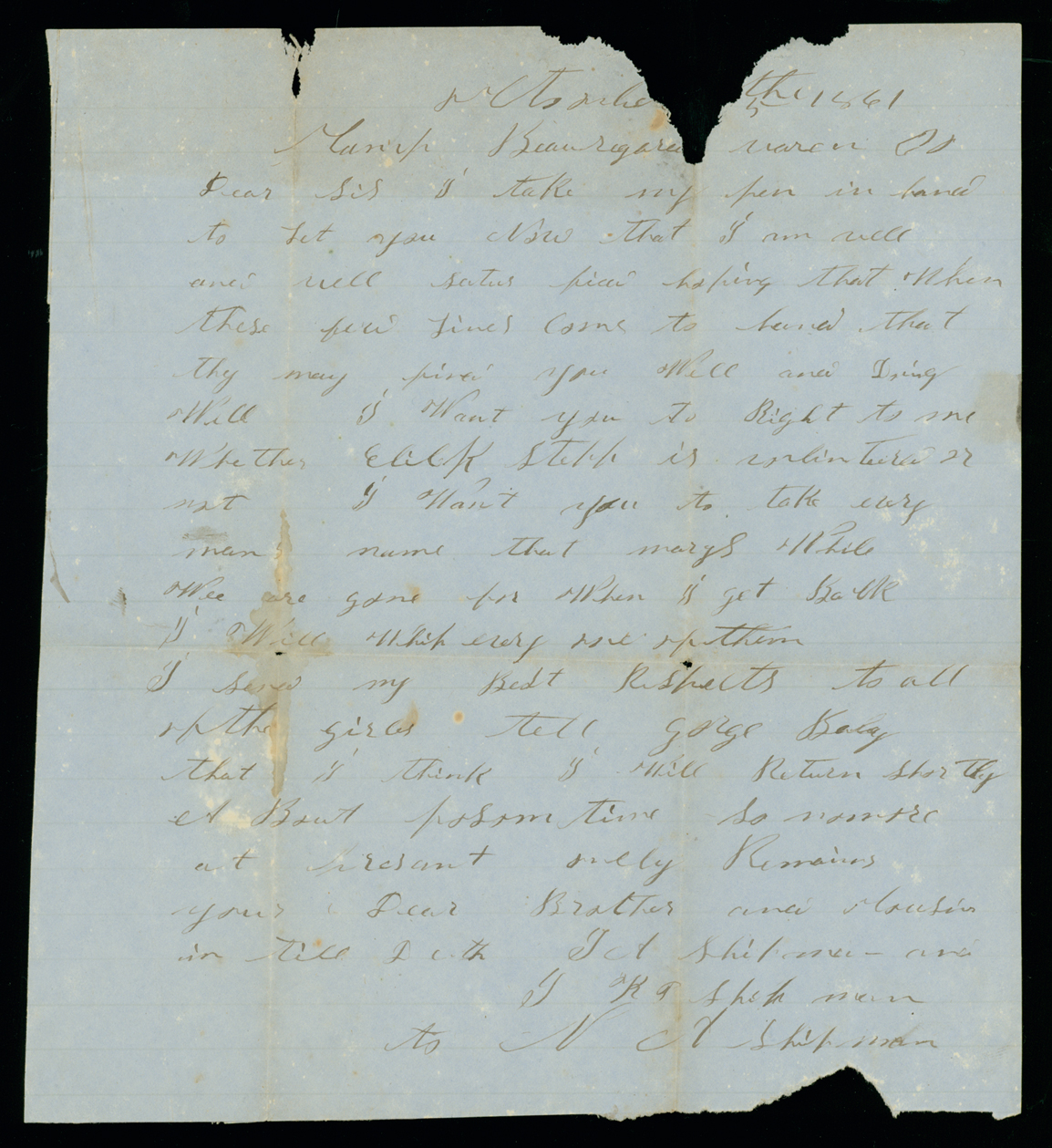 Letter, Jesse Albert Shipman and J.K.P. Shipman, Camp Beauregard, Warren County, North Carolina, to Nancy A. Shipman