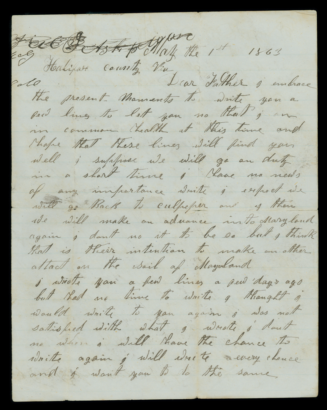 Letter, Jesse Albert Shipman, Halifax County, Virginia, to Nancy A. Shipman and Andrew R. Shipman