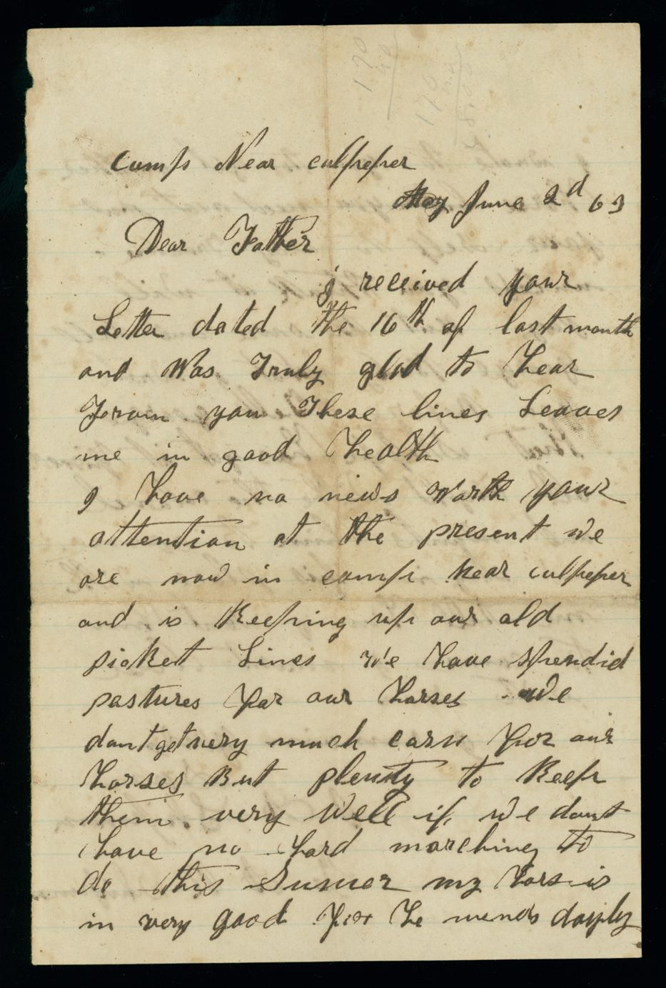 Letter, Jesse Albert Shipman, Camp near Culpeper, Virginia, to Andrew R. Shipman