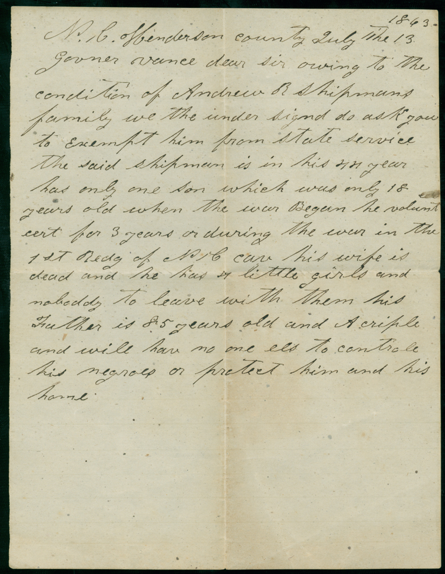 Letter, Unidentified, Henderson County, North Carolina, to Gov. &amp;gt;Zebulon B. Vance
