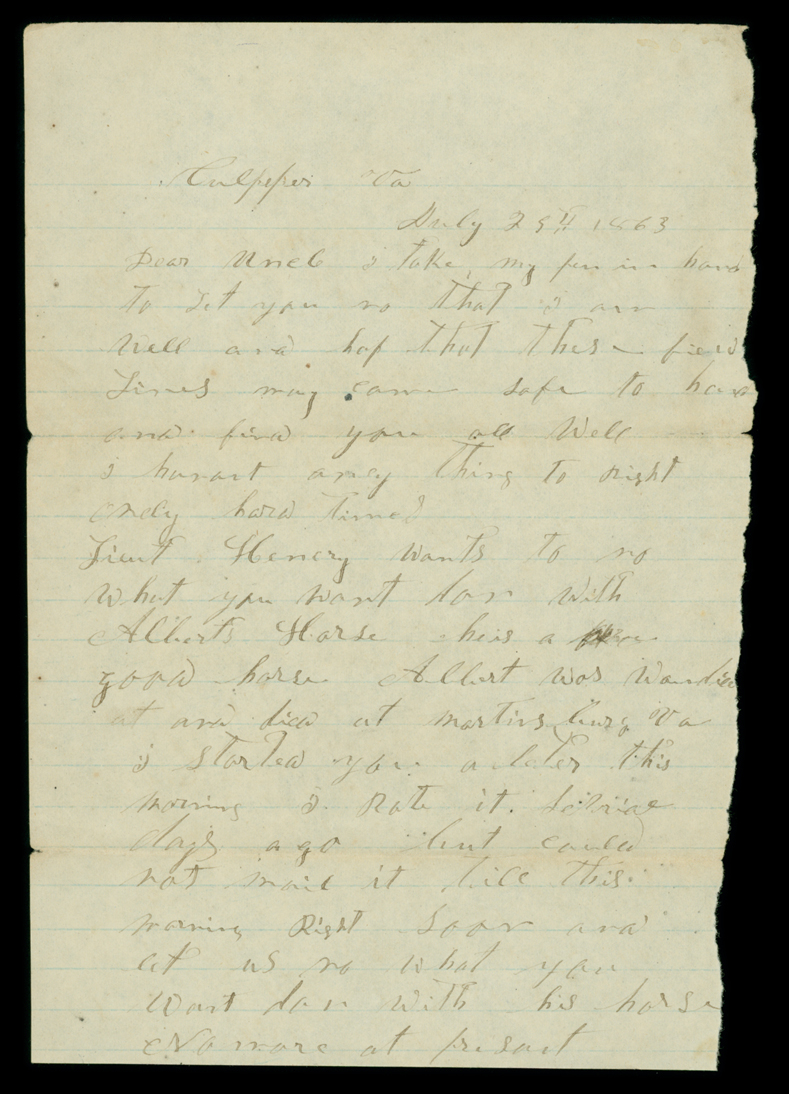 Letter, J.K.P. Shipman, Culpeper Virginia, to Andrew R. Shipman