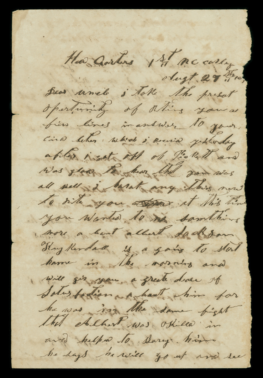 Letter, J.K.P. Shipman, Head Quarters, 1st North Carolina Cavalry, to Andrew R. Shipman