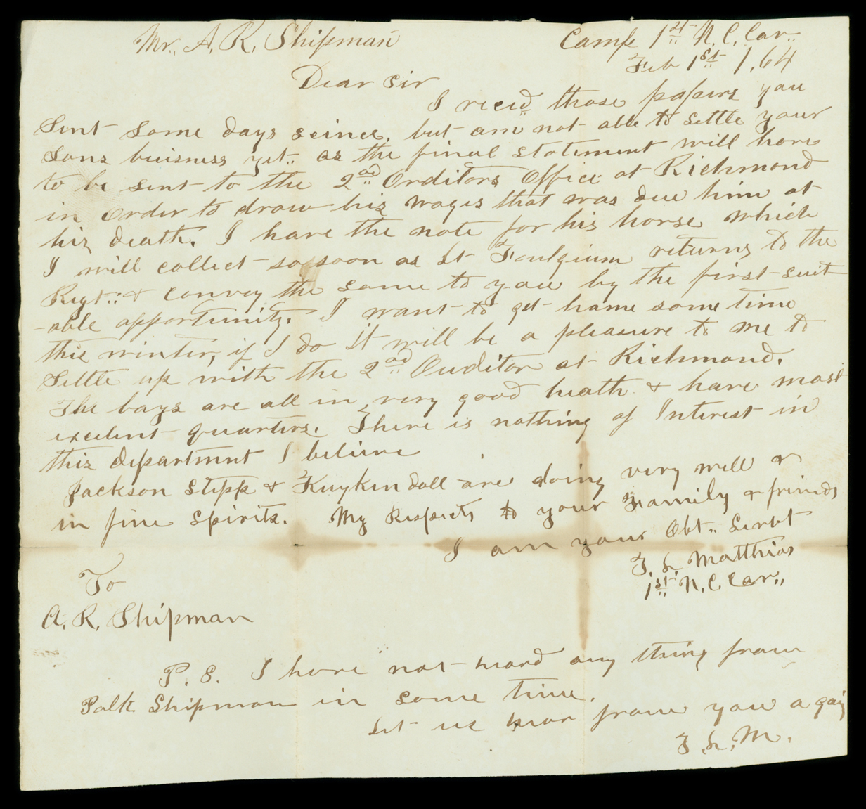 Letter, Thomas L. Matthias, Camp 1st North Carolina Cavalry, to Andrew R. Shipman