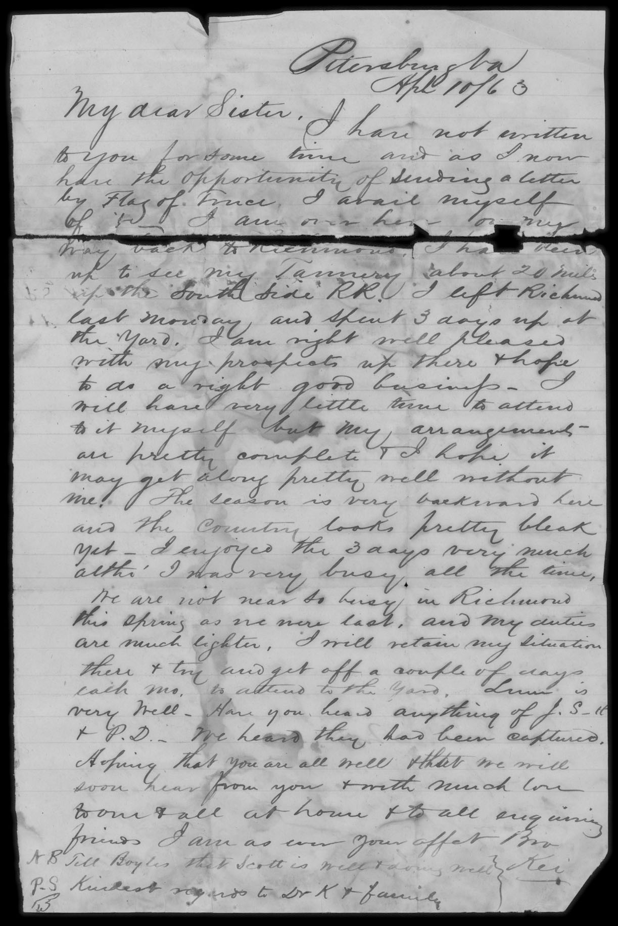 Letter, Andrew Keiser Shriver, Petersburg, Virginia, to sister