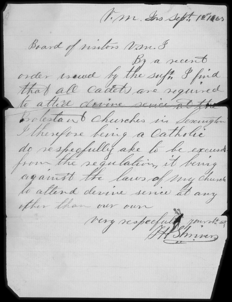 Letter, Thomas Herbert Shriver, V.M.I., Lexington, Virginia, to Board of Visitors, Virginia Military Institute
