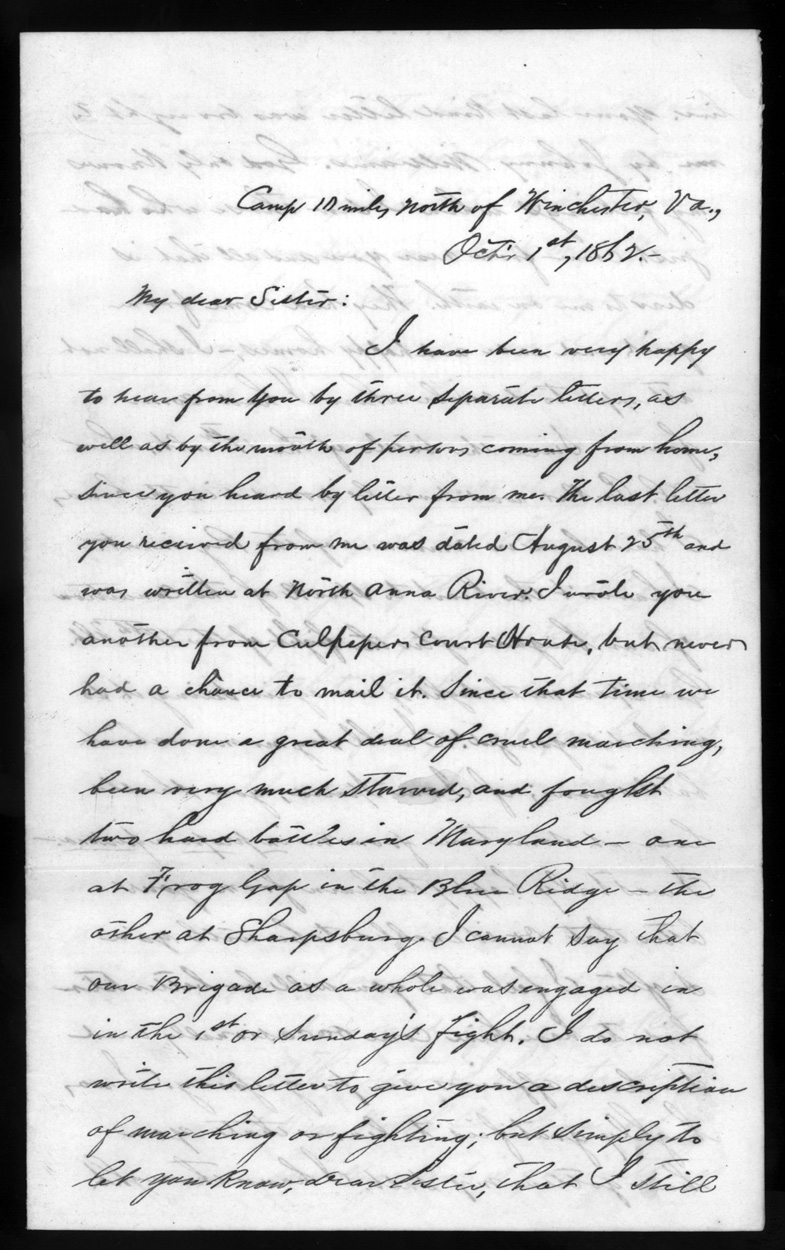 Letter, William W. Sillers, Camp near Winchester, Virginia, to Frances Sillers Holmes