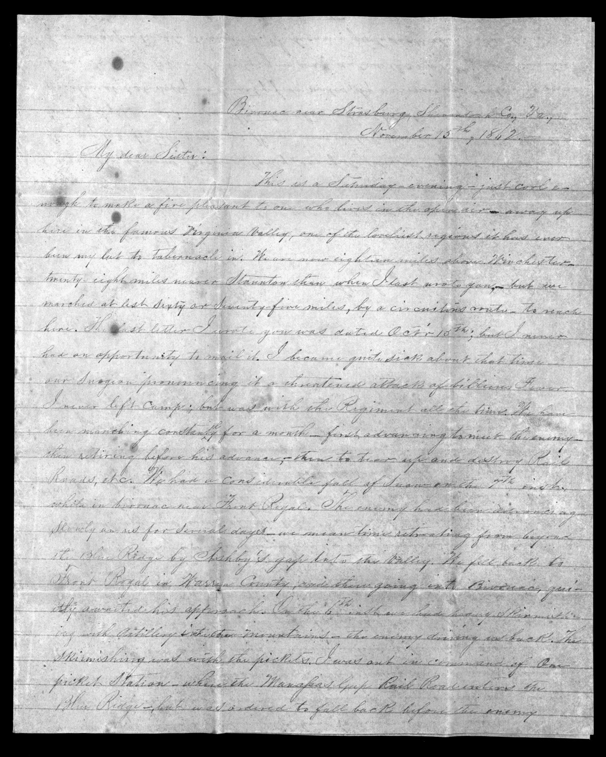 Letter, William W. Sillers, Camp near Strasburg, Virginia, to Frances Sillers Holmes