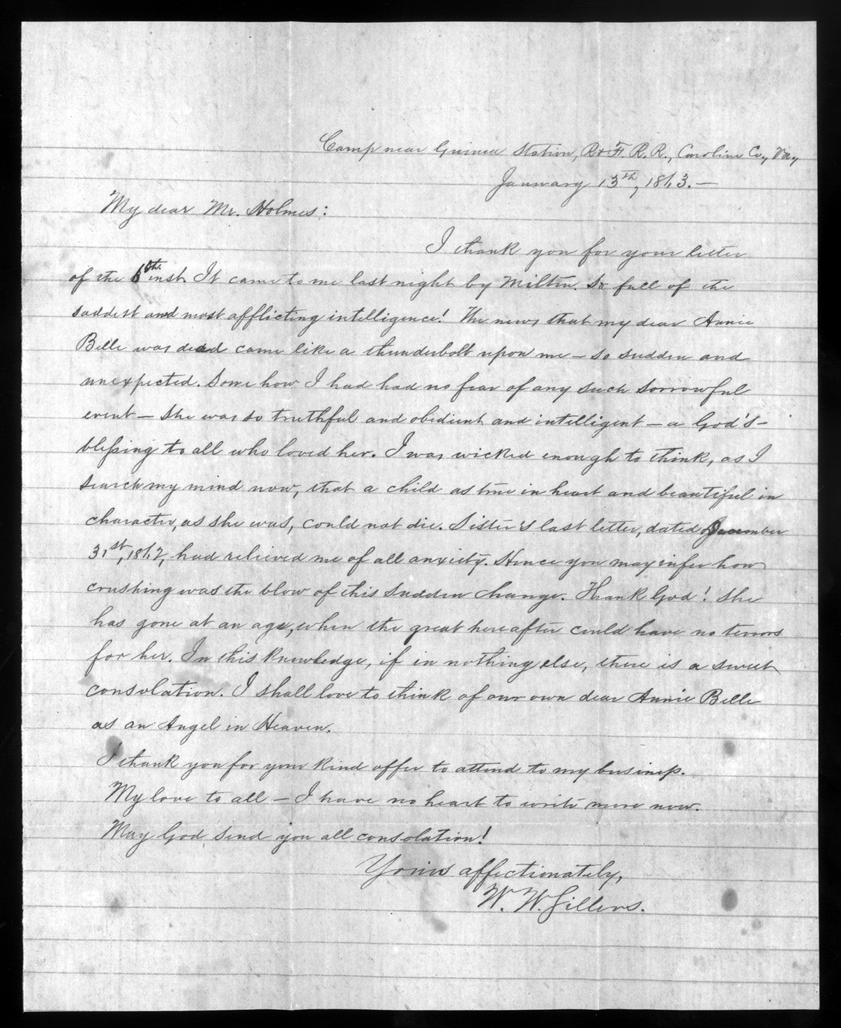 Letter, William W. Sillers, Camp near Guinea Station, Virginia, to Dr. Allmond Holmes