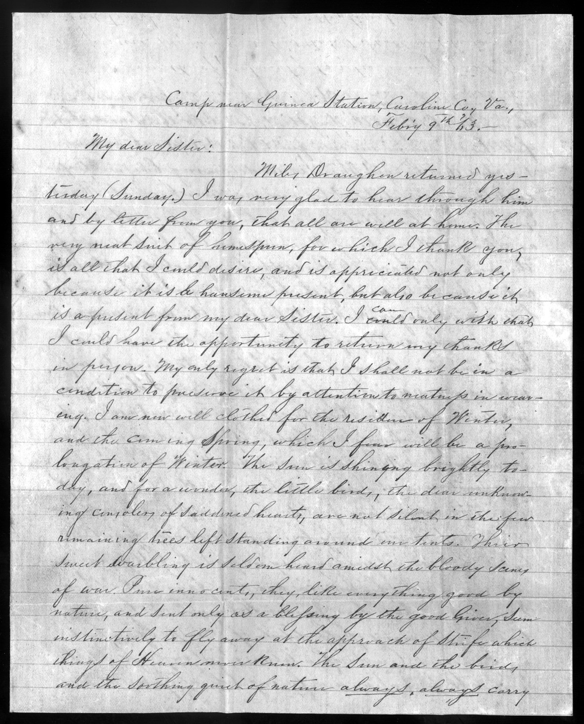 Letter, William W. Sillers, Camp near Guinea Station, Virginia, to Frances Sillers Holmes