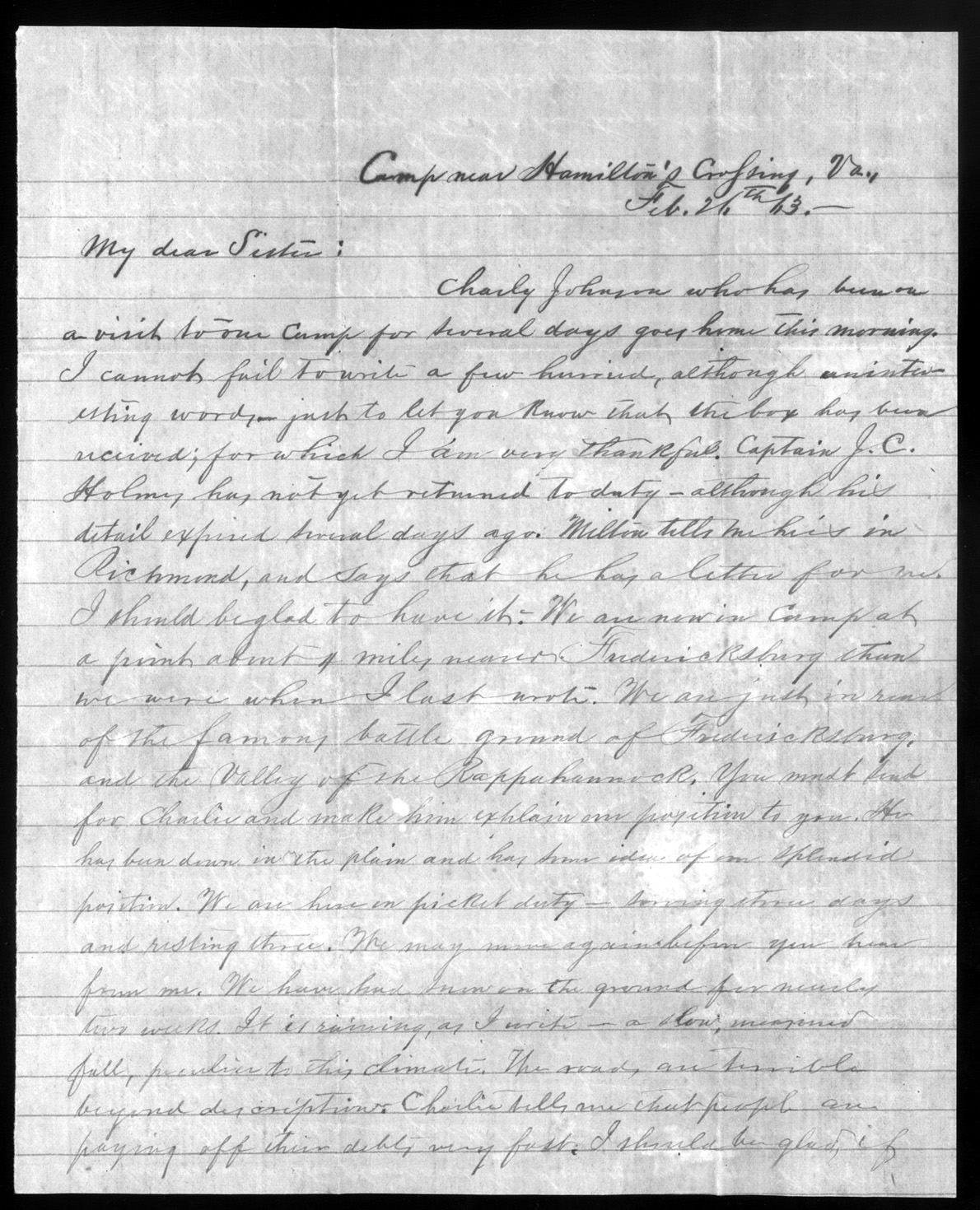 Letter, William W. Sillers, Camp near Hamilton&#39;s Crossing, Virginia, to Frances Sillers Holmes