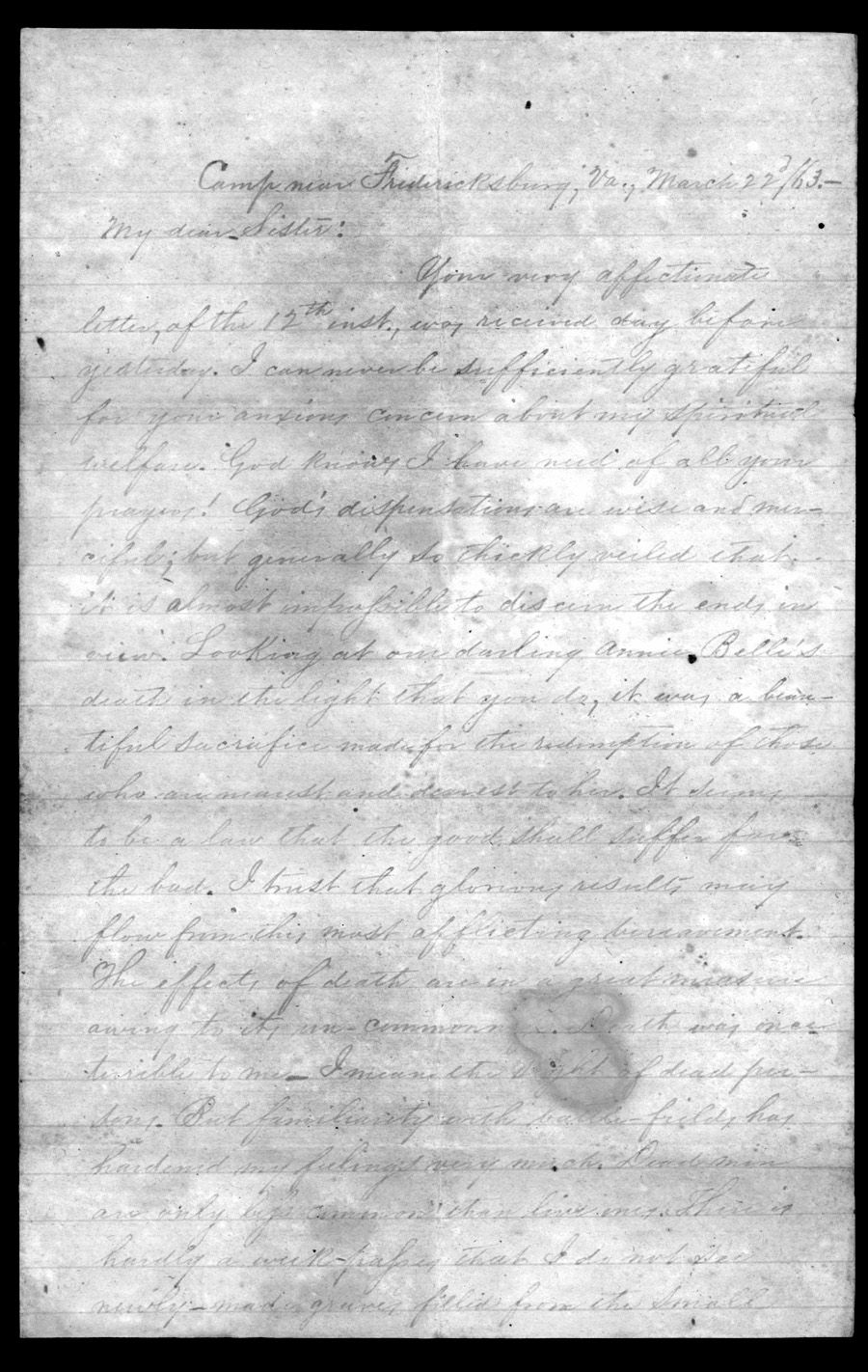 Letter, William W. Sillers, Camp near Fredericksburg, Virginia, to Frances Sillers Holmes