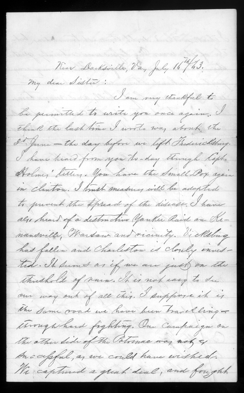 Letter, William W. Sillers, Near Darksville, Virginia, to Frances Sillers Holmes