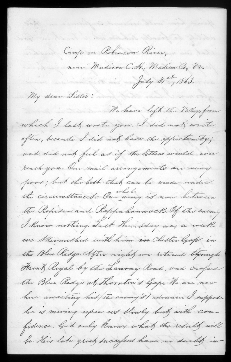 Letter, William W. Sillers, Near Madison Court House, Madison County, Virginia, to Frances Sillers Holmes