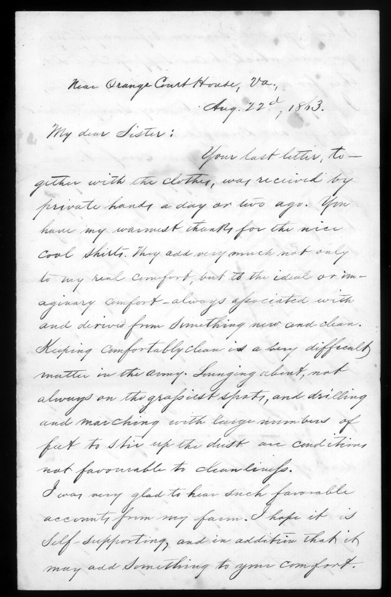 Letter, William W. Sillers, near Orange Court House, Virginia, to Frances Sillers Holmes