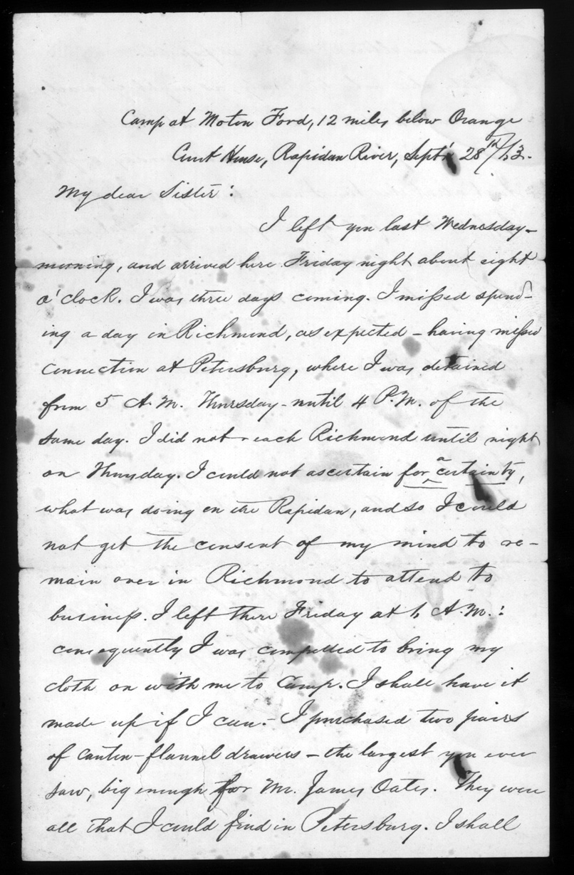 Letter, William W. Sillers, Camp at Morton&#39;s Ford, Orange County, Virginia, to Frances Sillers Holmes