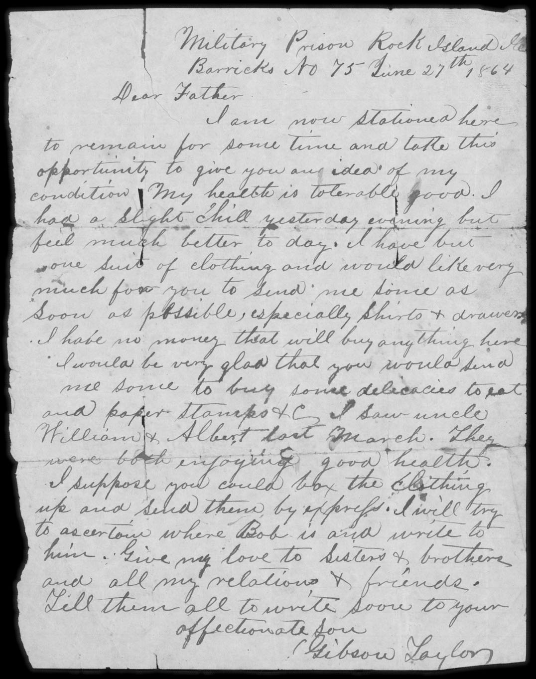 Letter, J. Gibson Taylor, Military Prison, Rock Island, Illinois, to Jonathan G. Taylor