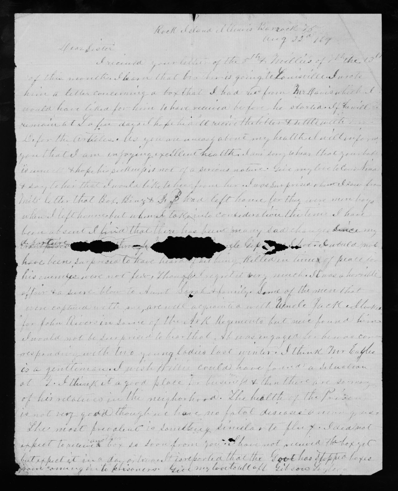 Letter, J. Gibson Taylor, Military Prison, Rock Island, Illinois, to Clara A. Taylor [author&#39;s sister]