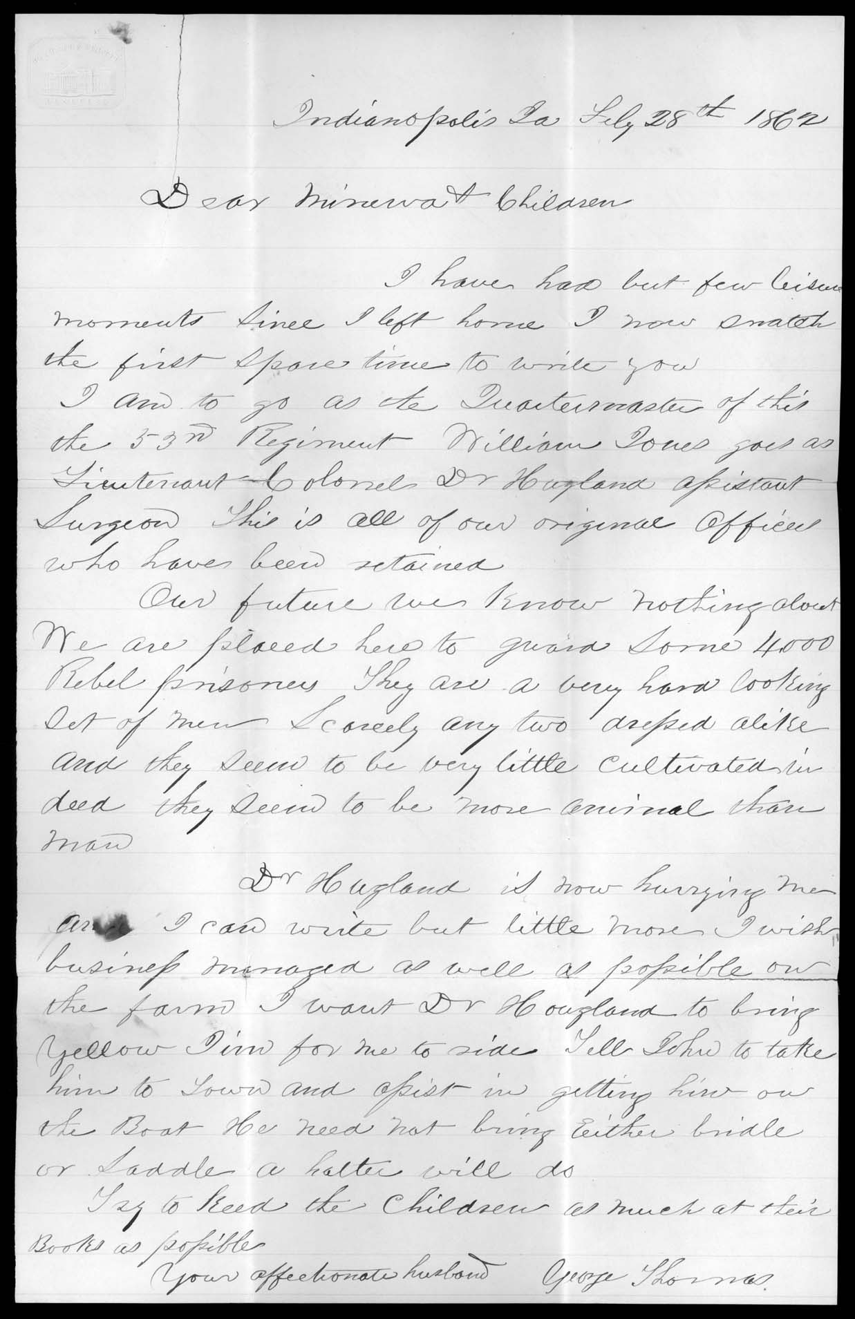 Letter, George Thomas, Indianapolis, Indiana, to Minerva Thomas and children