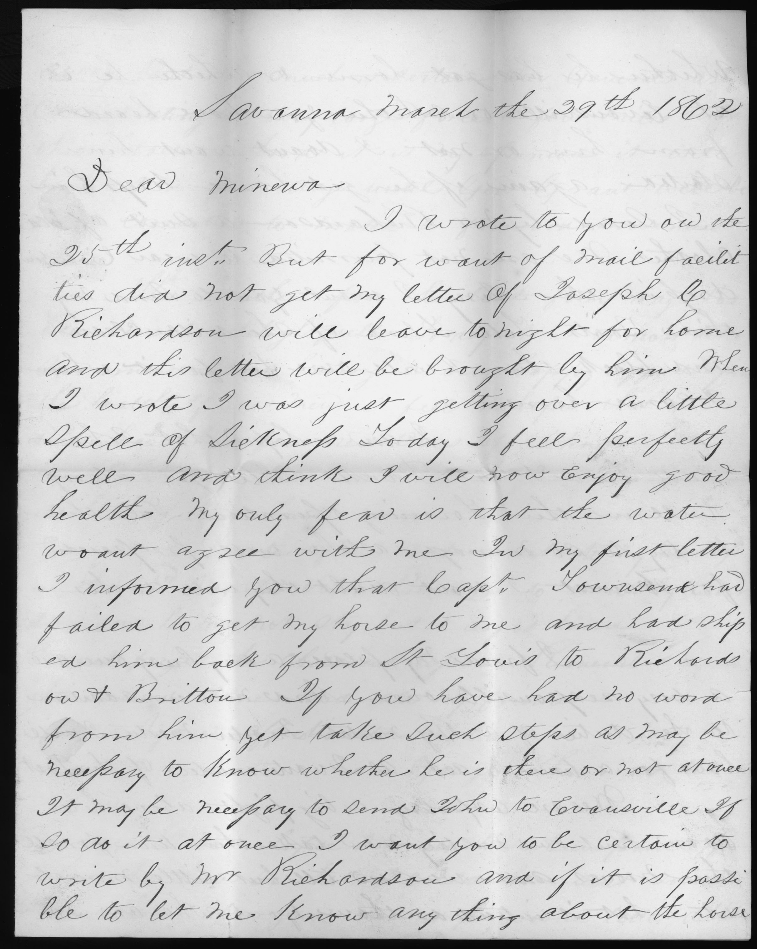 Letter, George Thomas, Savannah, Tennessee, to Minerva Thomas