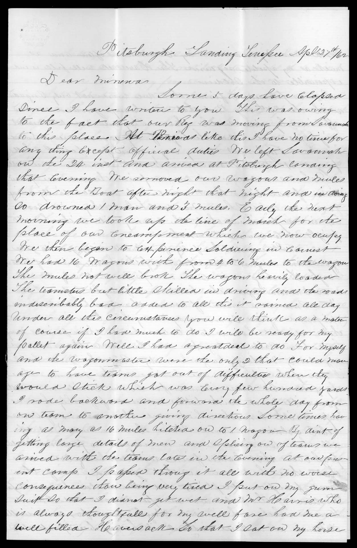 Letter, George thomas, Pittsburg Landing, Tennessee, to Minerva Thomas