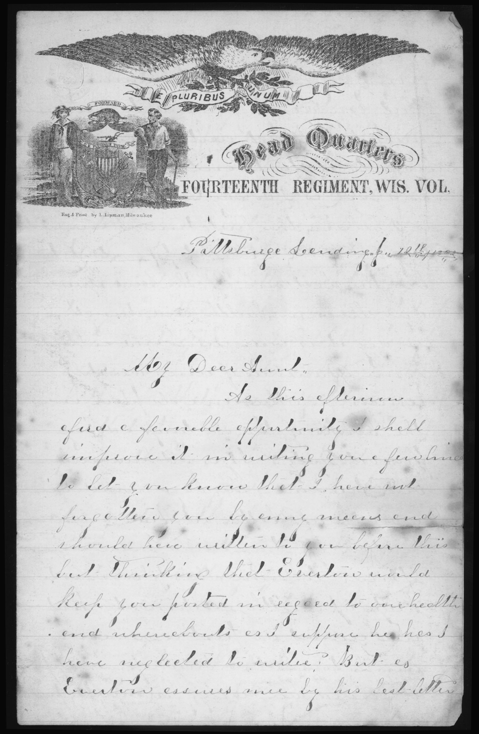 Letter, Ezra B. Sherwin, Pittsburg Landing, Tennessee to Minerva Thomas