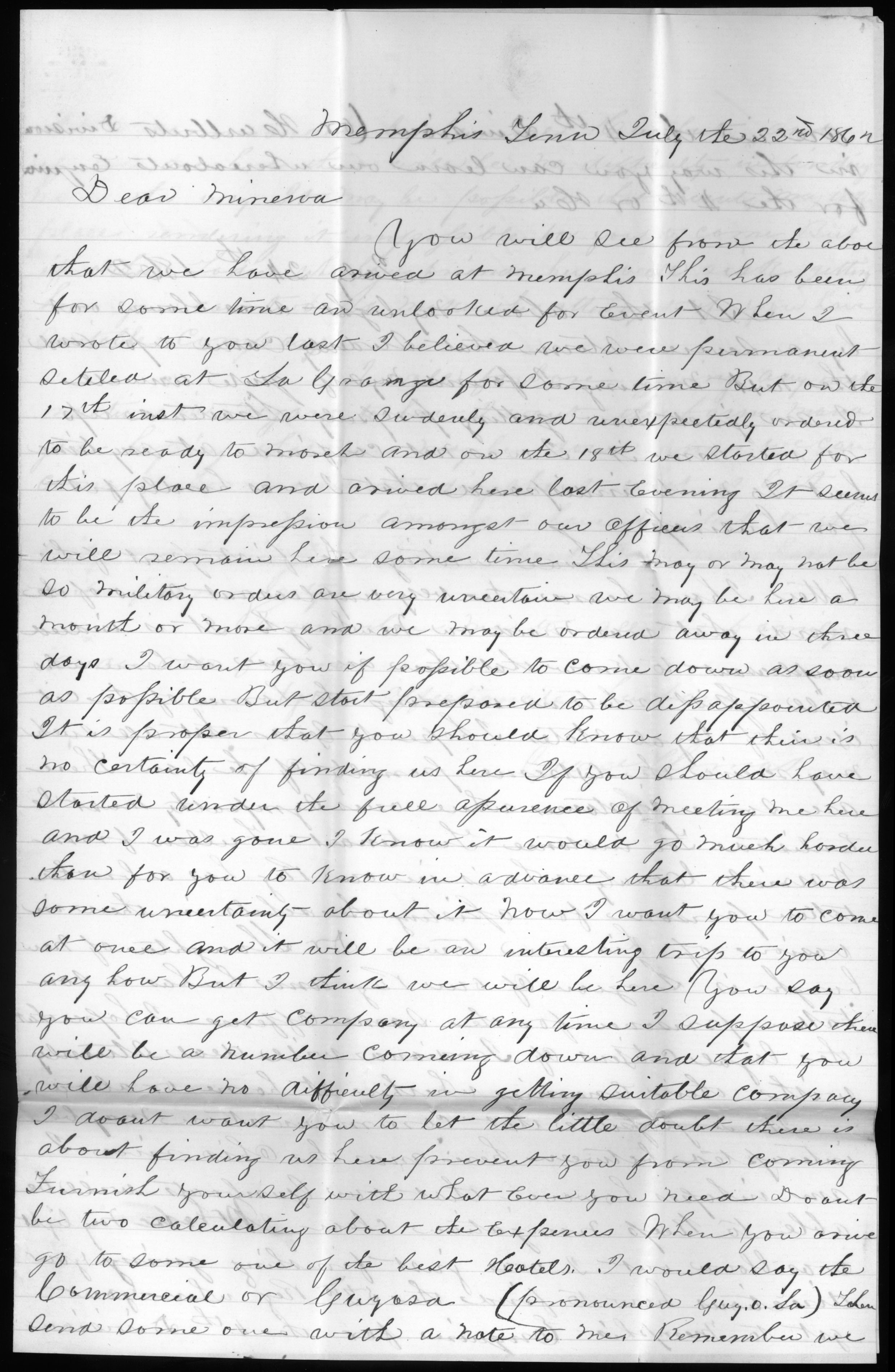 Letter, George Thomas, Memphis Tennessee, to Minerva Thomas