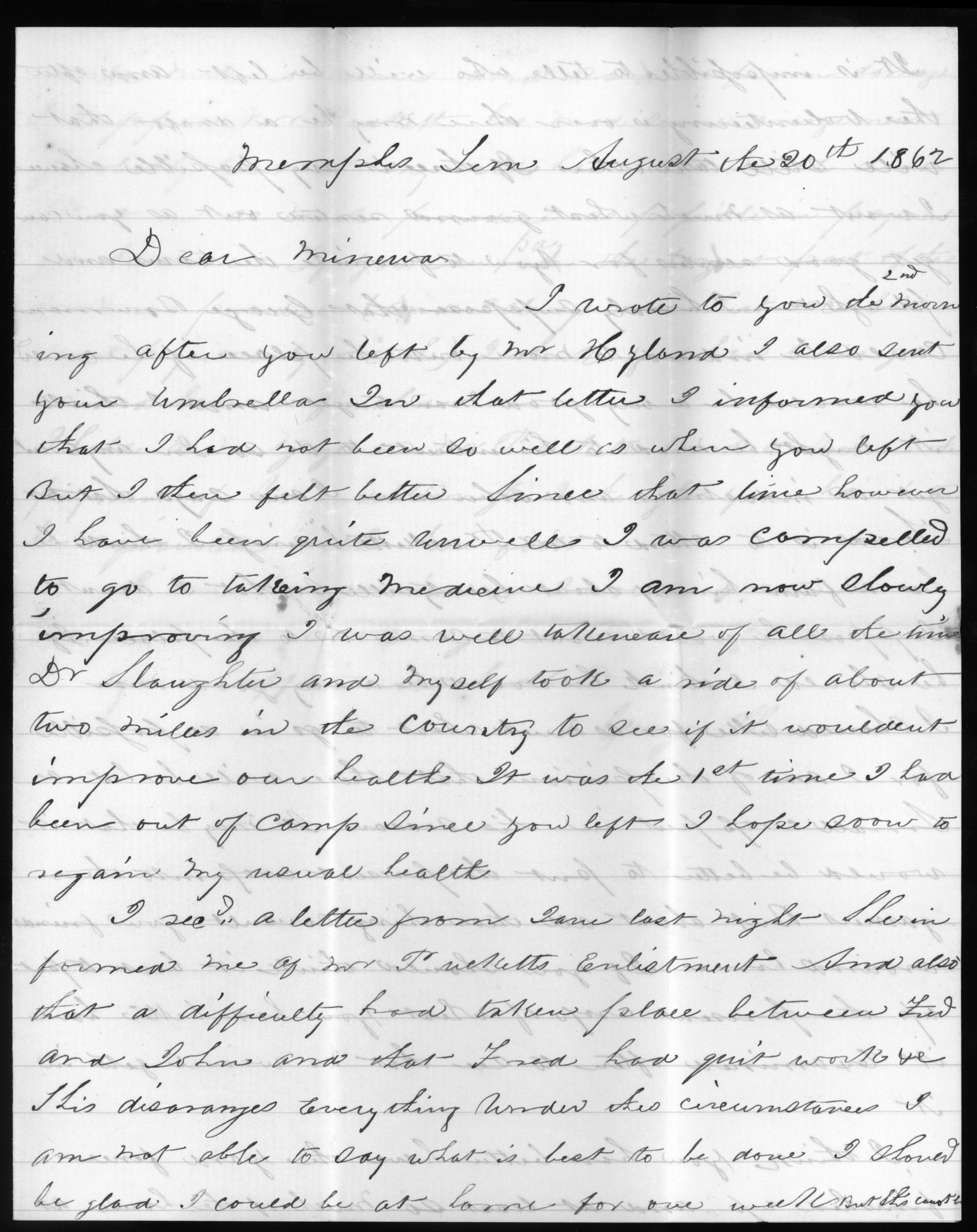 Letter, George Thomas, Memphis Tennessee, to Minerva Thomas