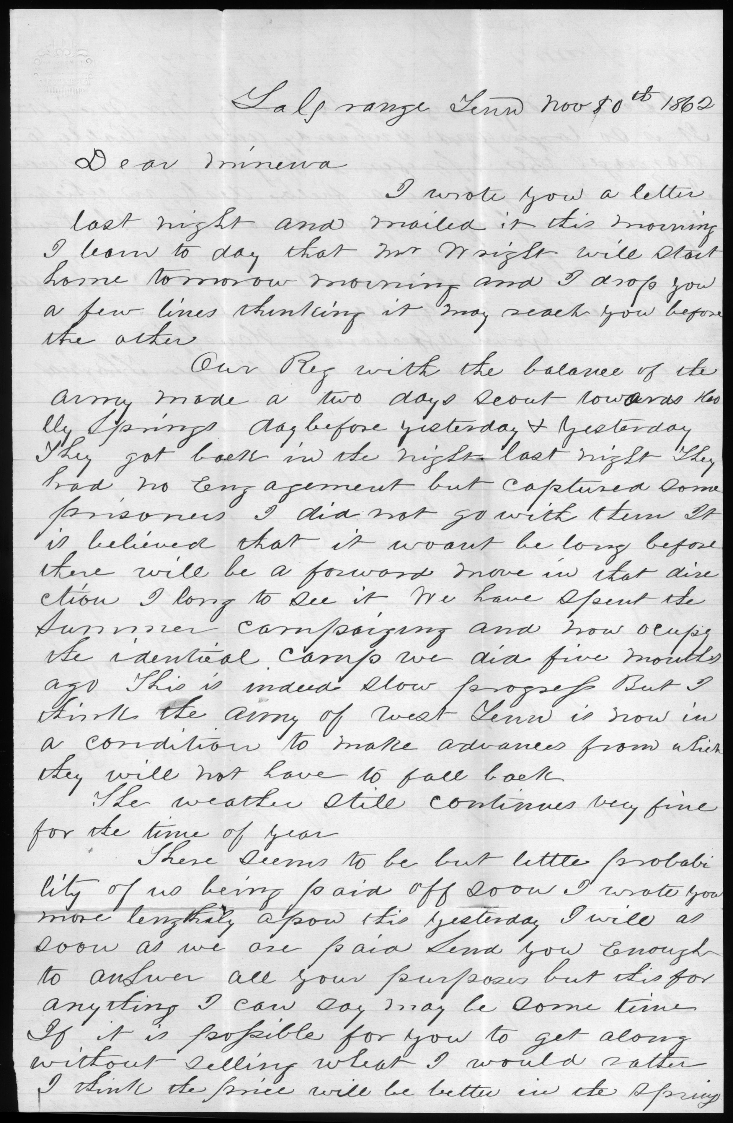 Letter, George Thomas, La Grange, Tennessee, to Minerva Thomas
