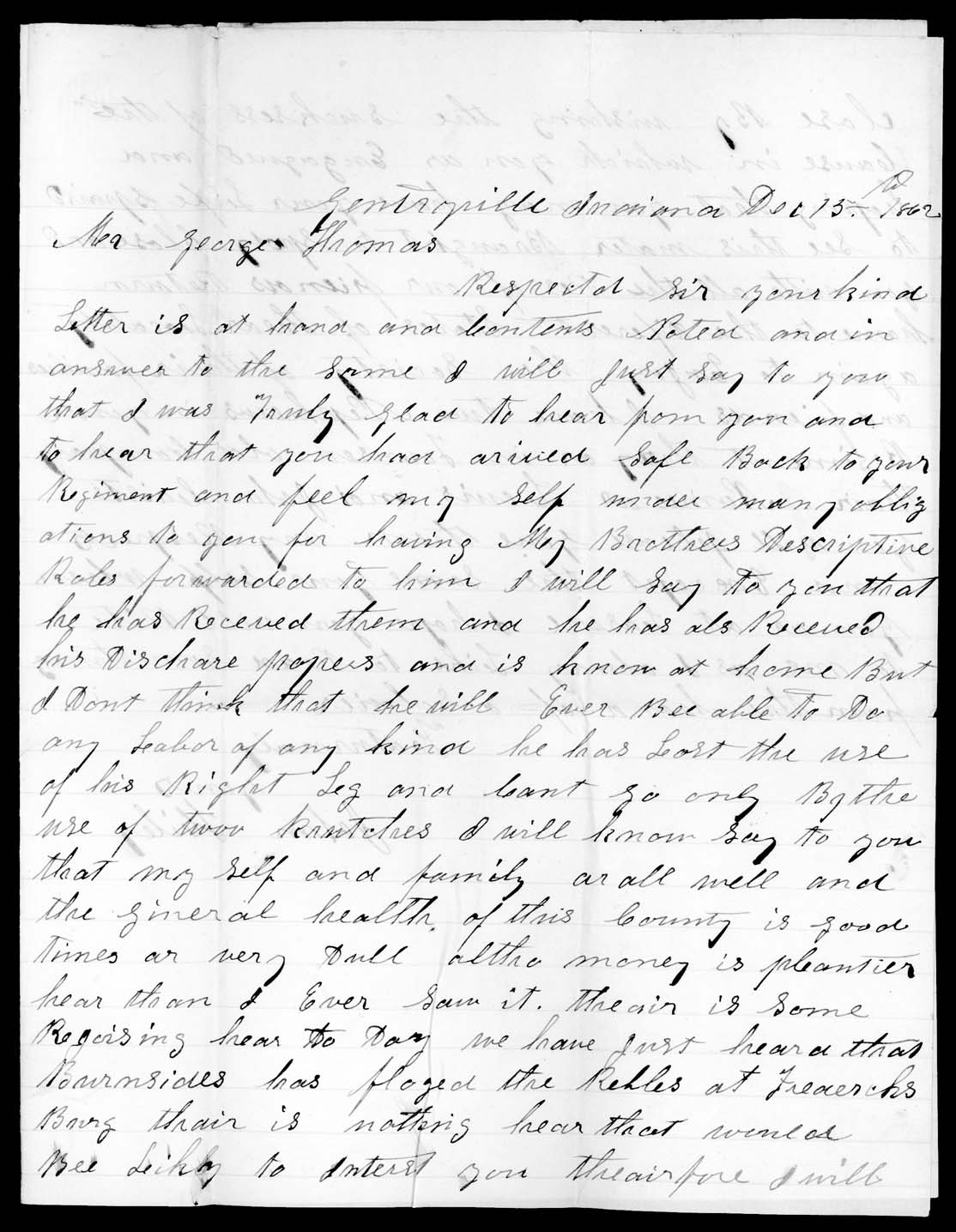 Letter, John Hiley, Gentryville, Indiana, to George Thomas