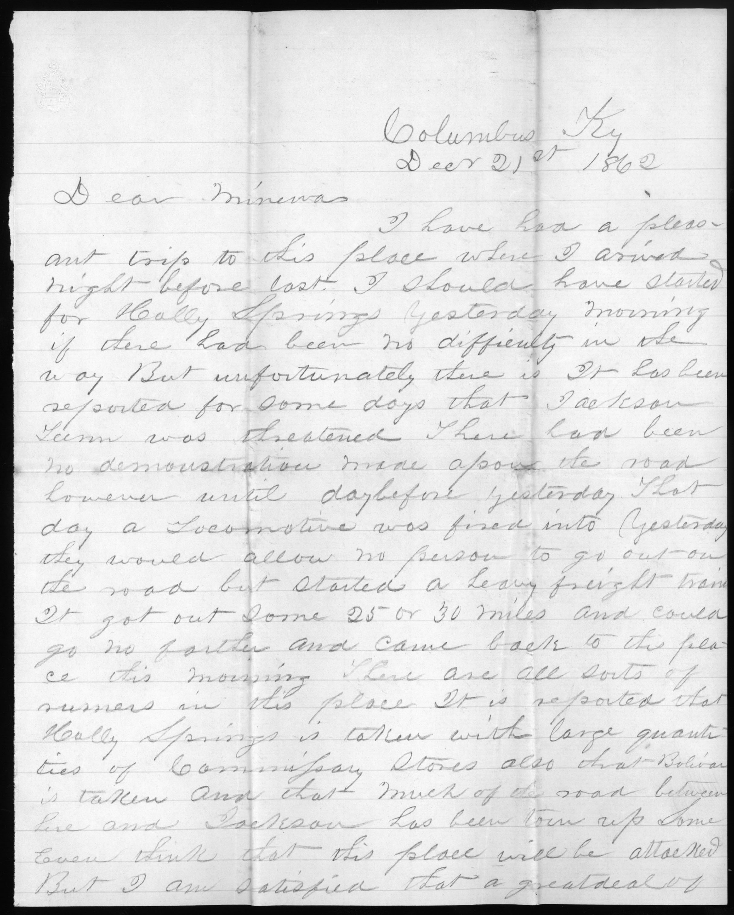 Letter, George Thomas, Columbus, Kentucky, to Minerva Thomas