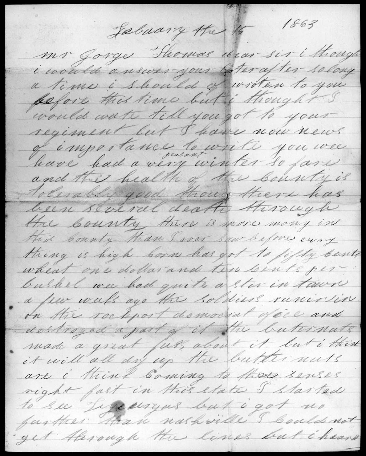 Letter, Christopher J. Mason, Rockport Indiana, to George Thomas