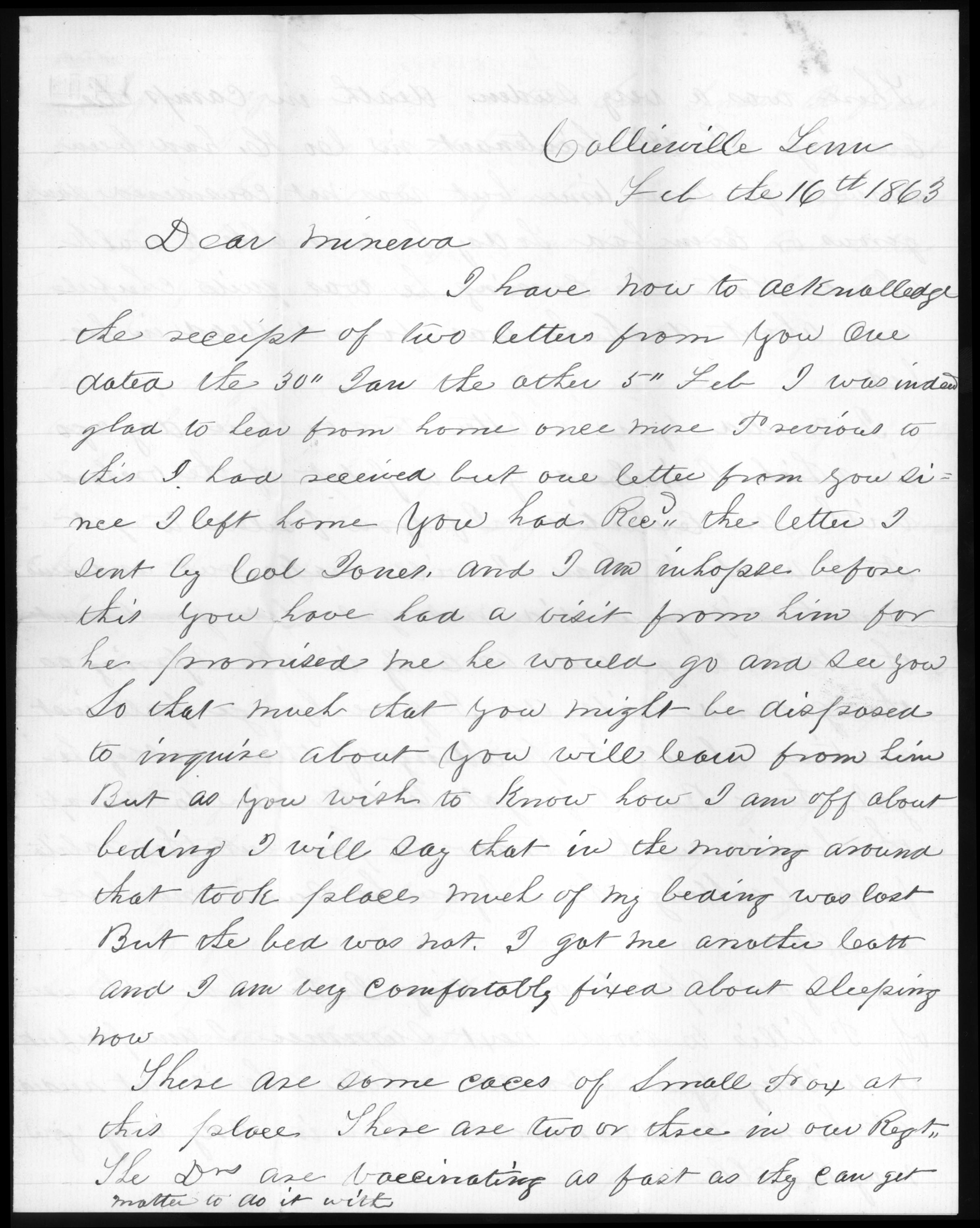 Letter, George Thomas, Collierville and Memphis, Tennessee, to Minerva Thomas