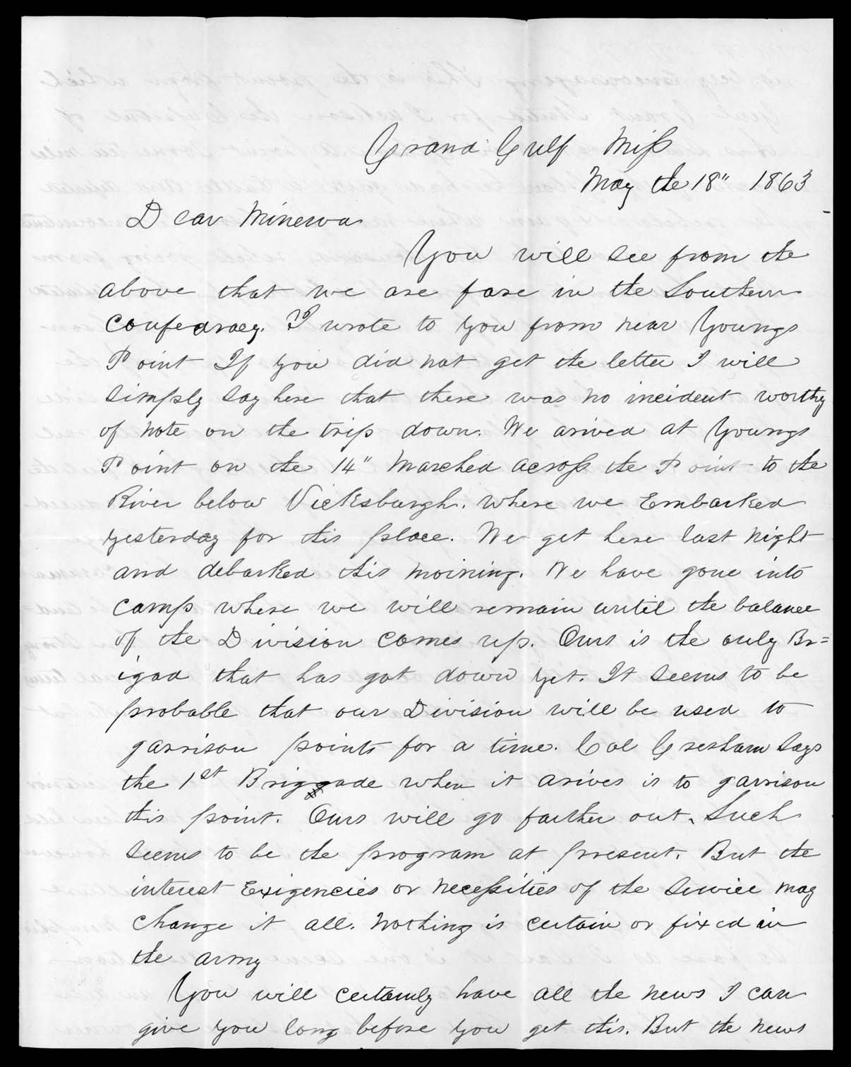 Letter, George Thomas, Grand Gulf, Mississippi, to Minerva Thomas