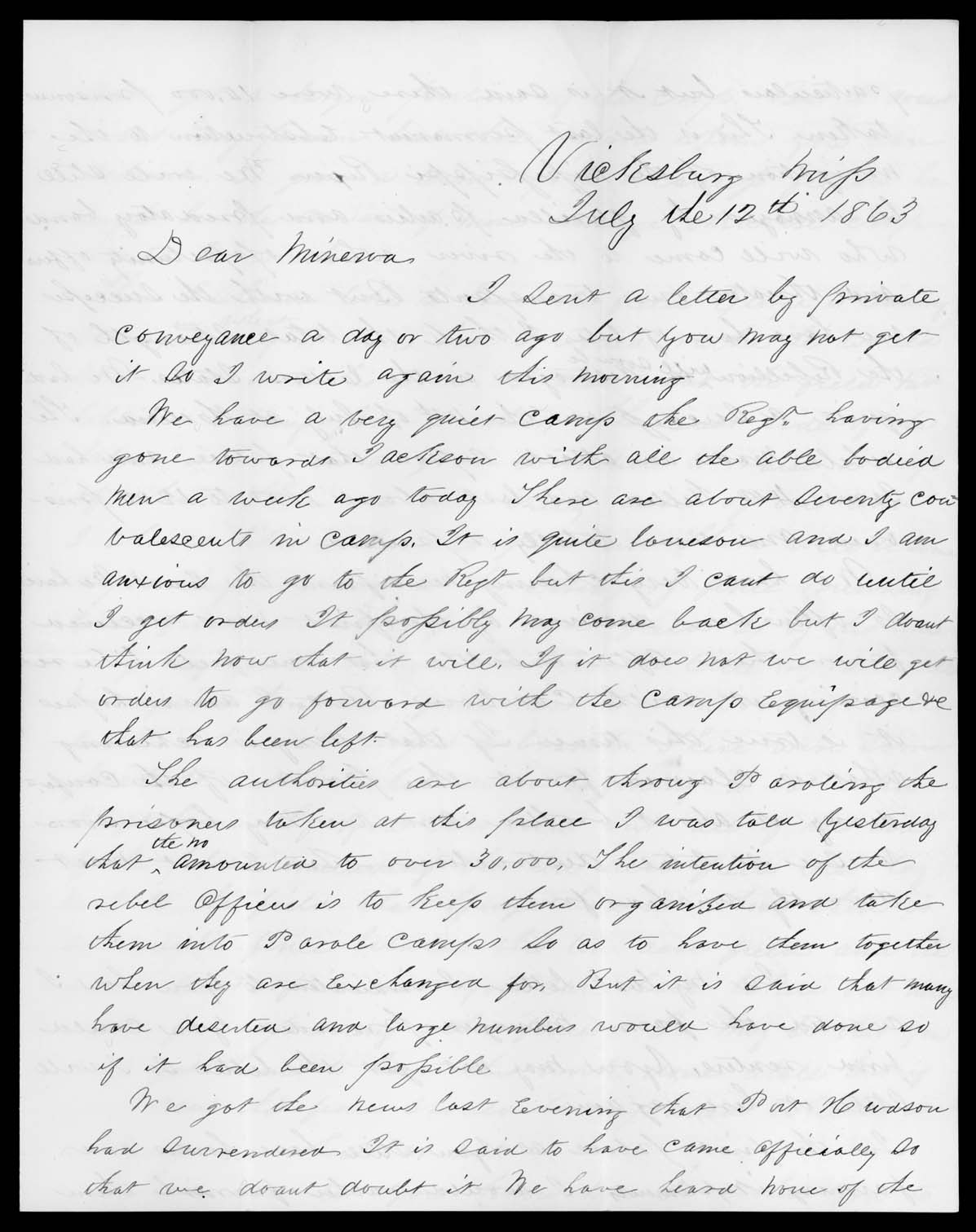 Letter, George Thomas, Vicksburg, Mississippi, to Minerva Thomas
